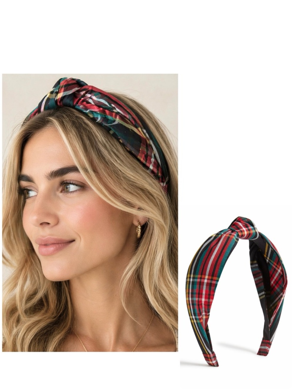 J. CREW Tartan Knot Headband Cotton Black Red Flexible and Soft